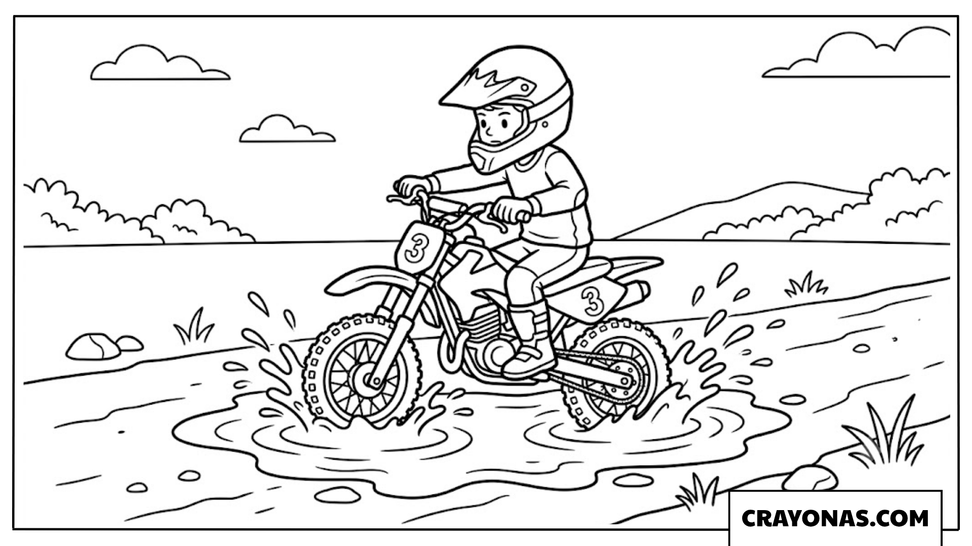 Cute Little Boy Riding Dirt Bike Through Water Puddles Coloring Page