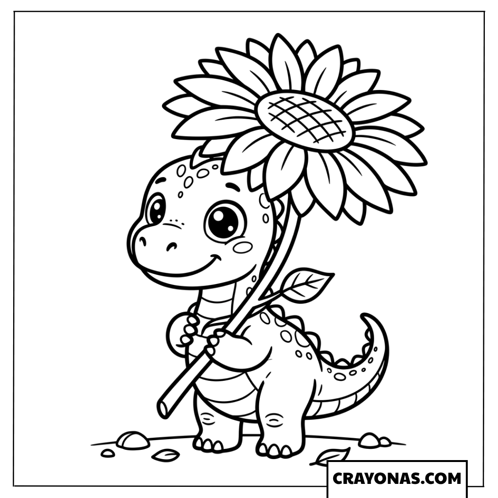 Cute Little Dinosaur Holding a Giant Sunflower Coloring Page