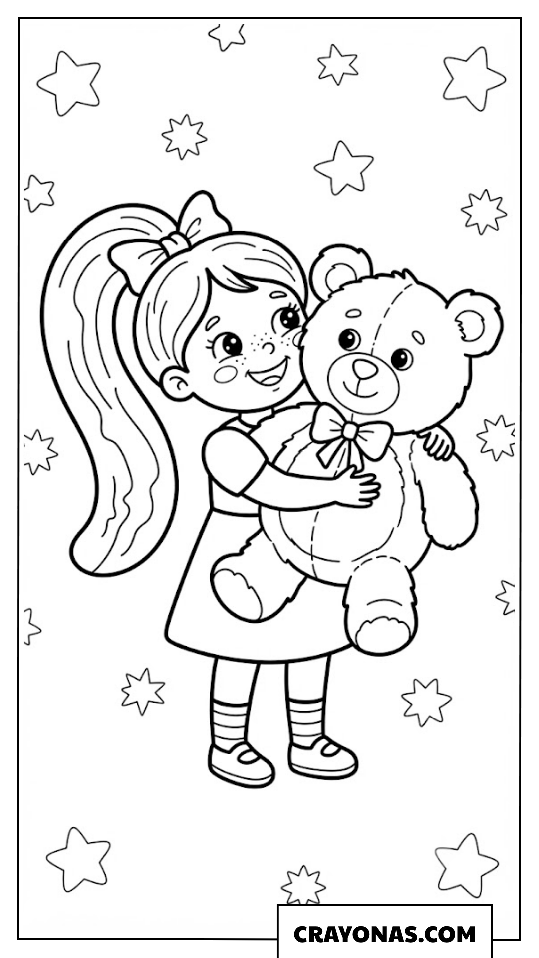 Cute Little Girl Hugging Teddy Bear Coloring Page