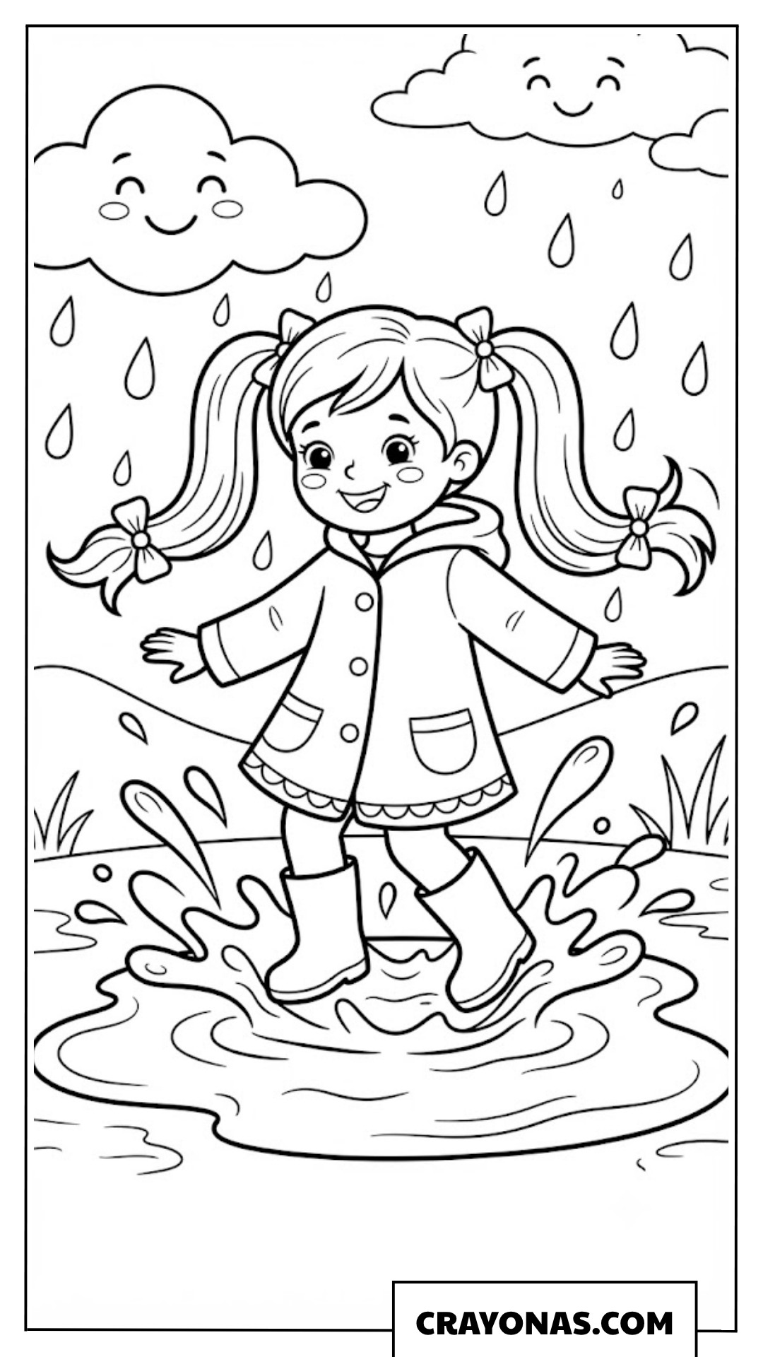 Cute Little Girl Jumping in Puddles Coloring Page