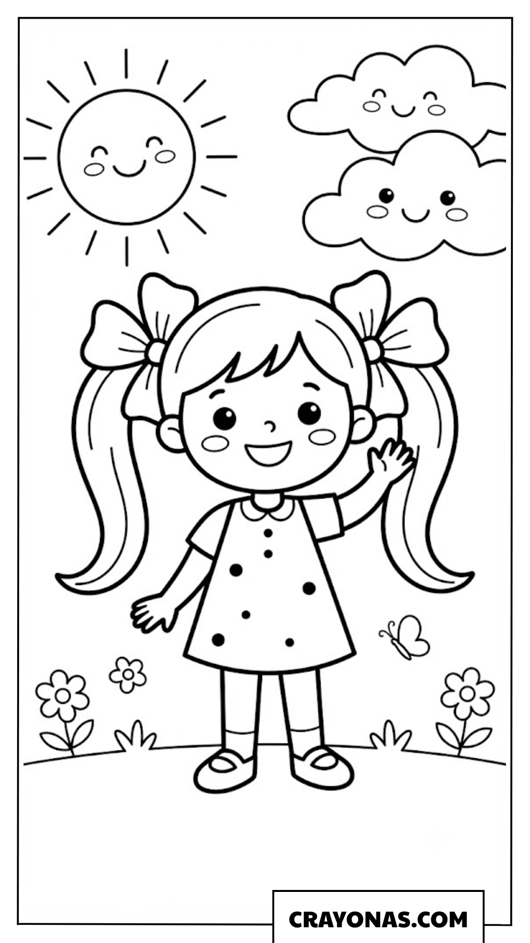Cute Little Girl with Long Pigtails Waving Coloring Page