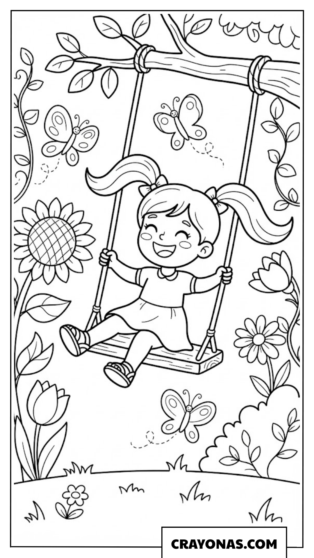Cute Little Girl with Pigtails on Swing Coloring Page