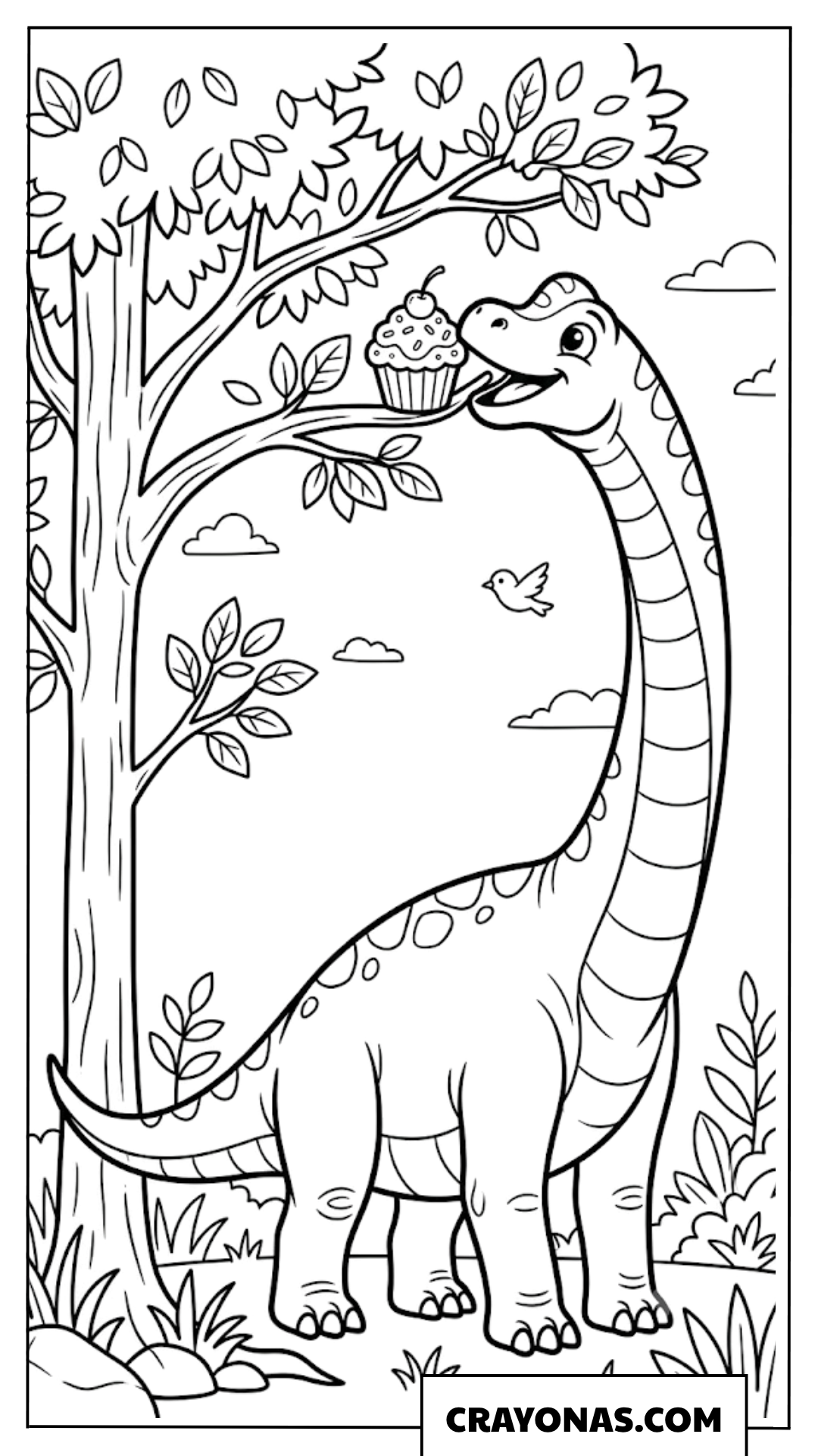 Cute Long Neck Brachiosaurus Reaching for a Cupcake Coloring Page