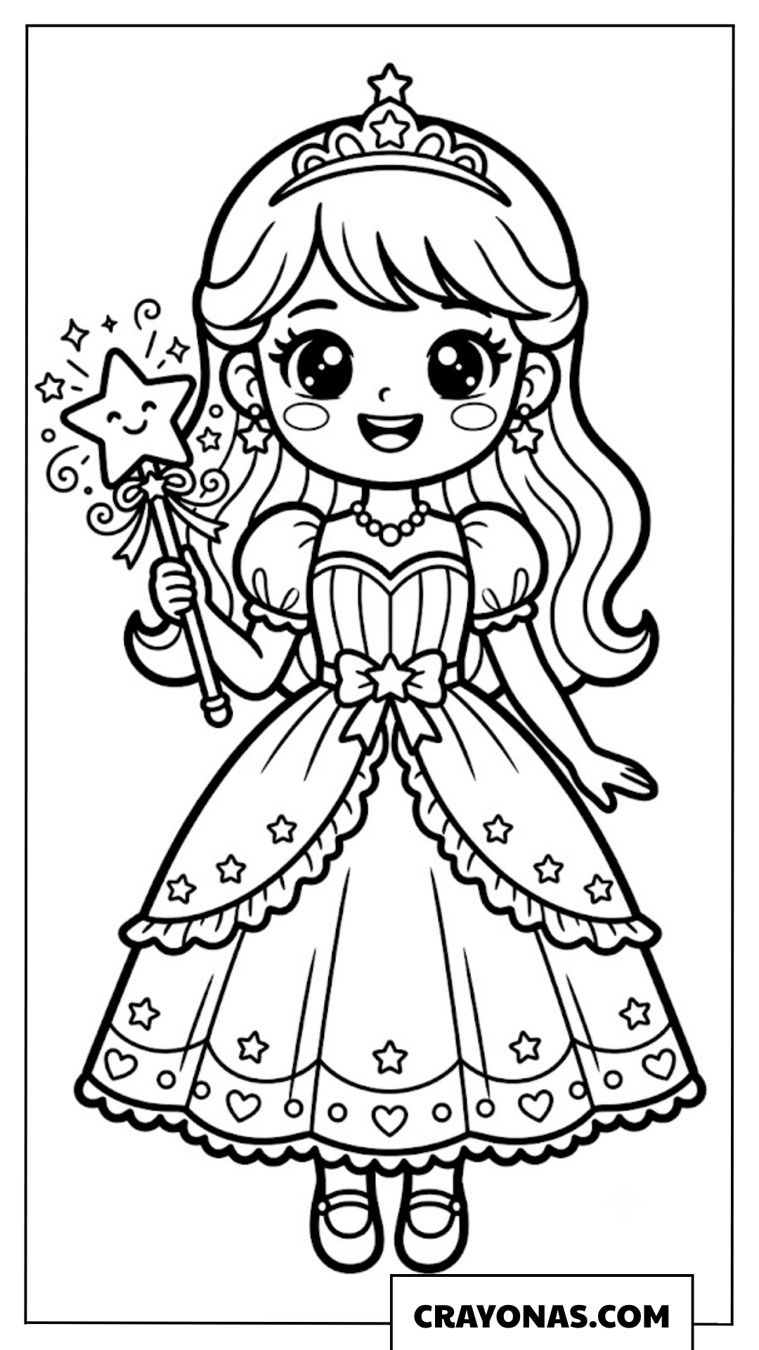 Cute Magical Princess with Star Wand Coloring Page