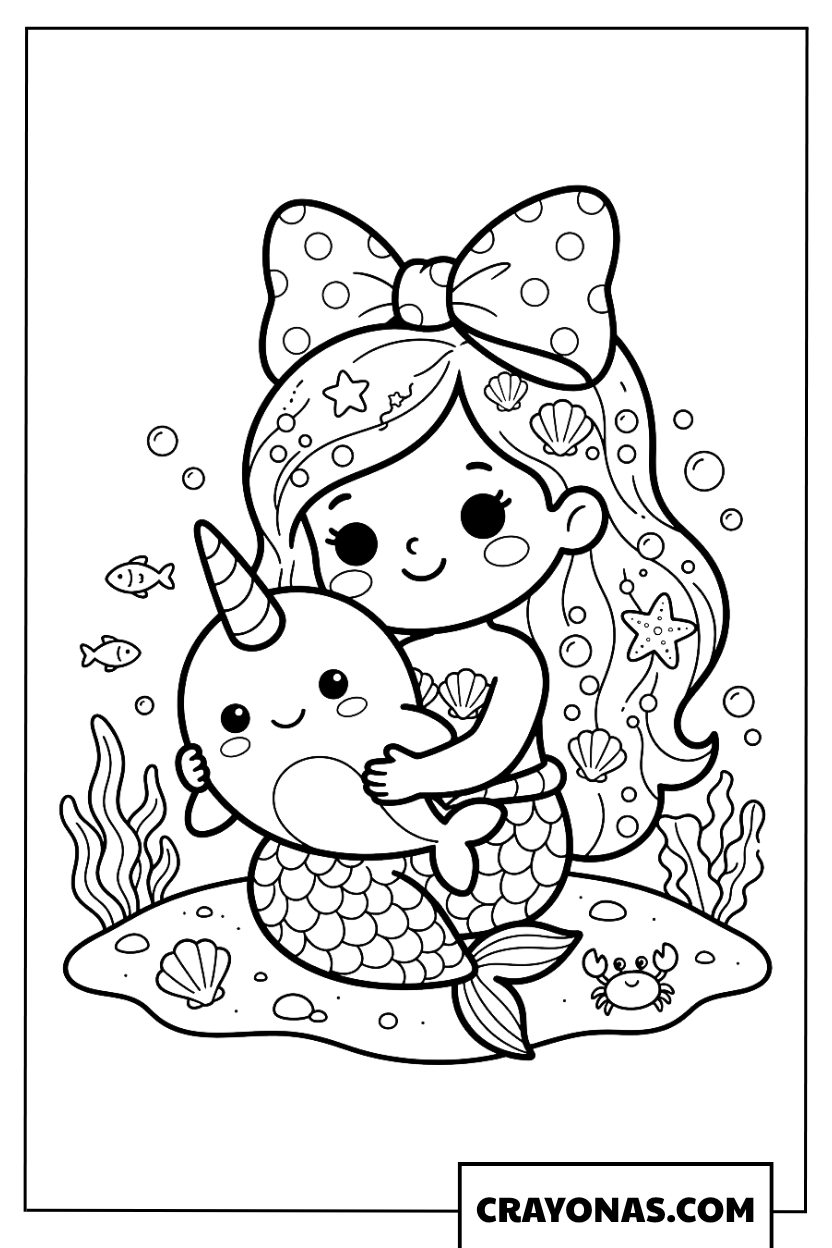 Cute Mermaid Hugging Narwhal Coloring Page