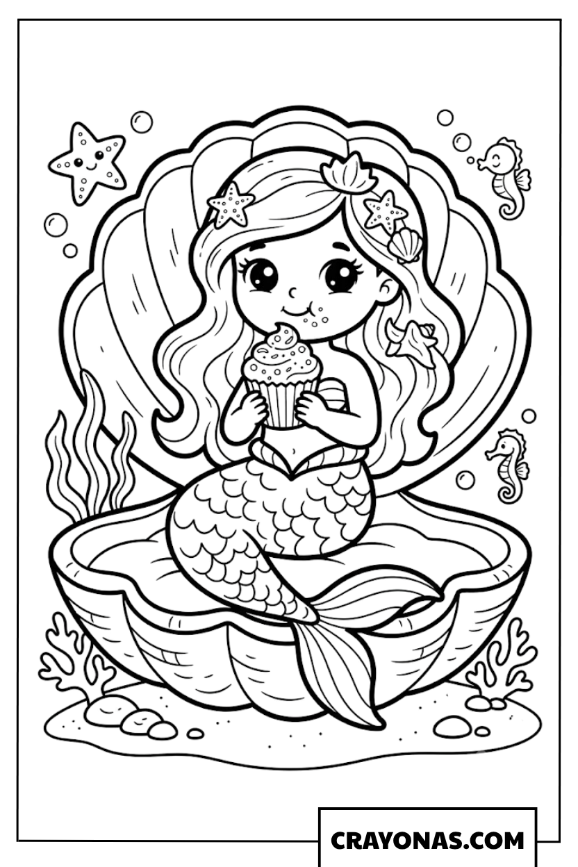 Cute Mermaid with Cupcake Coloring Page