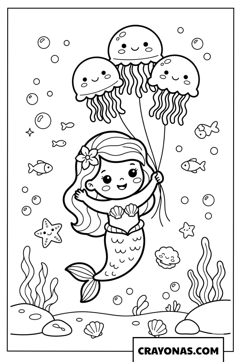 Cute Mermaid with Jellyfish Balloons Coloring Page