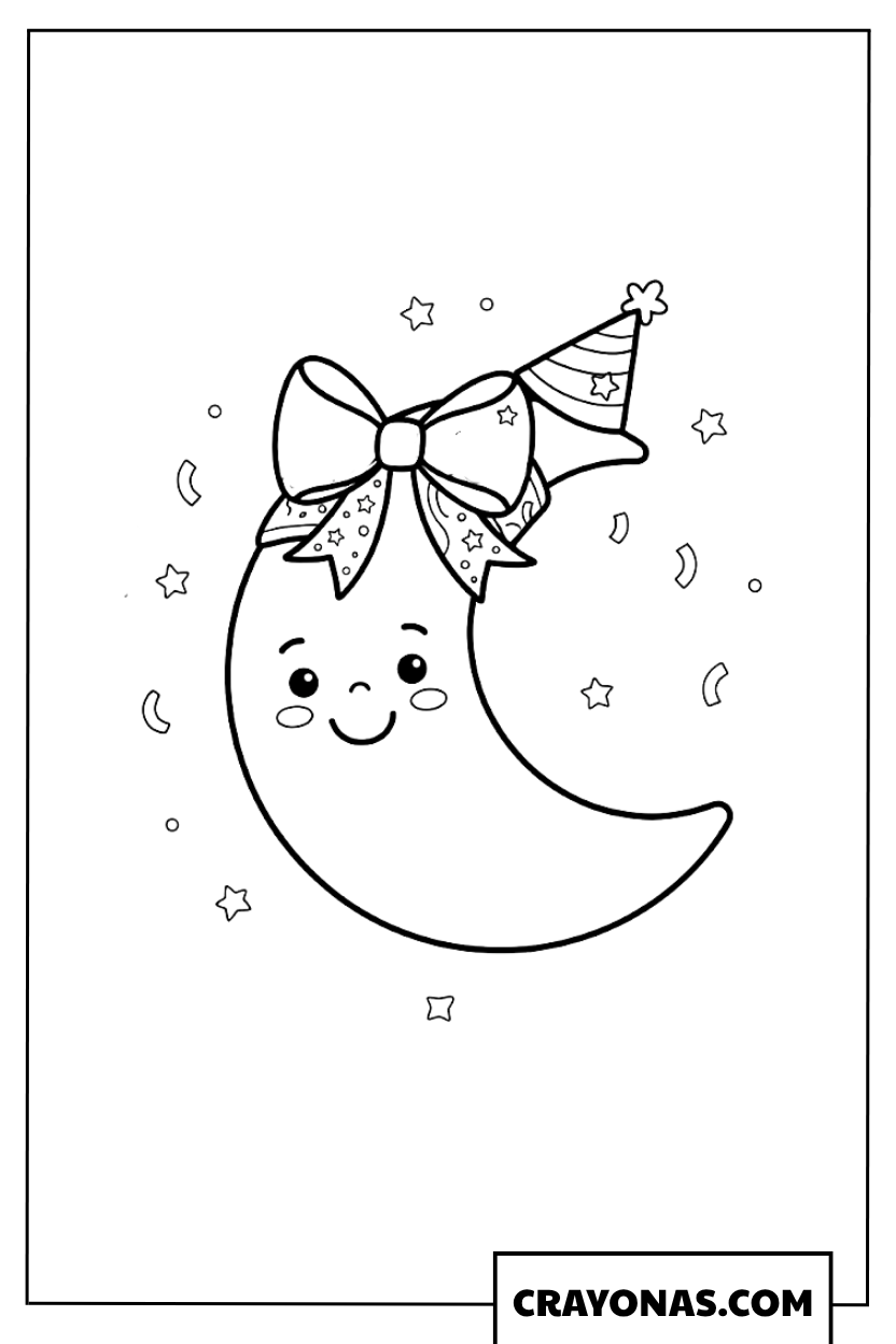 Cute Moon with Party Hat Coloring Page