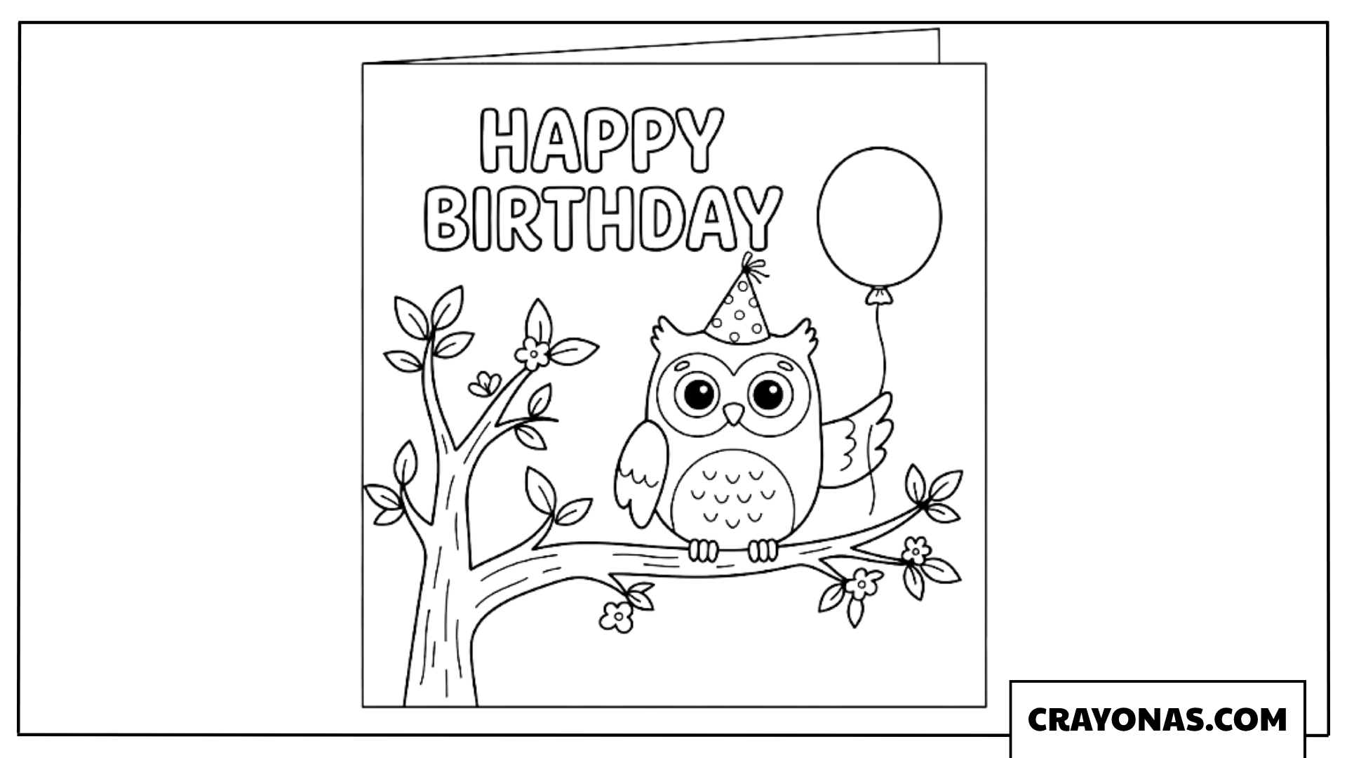 Cute Owl on Tree Happy Birthday Card Coloring Page