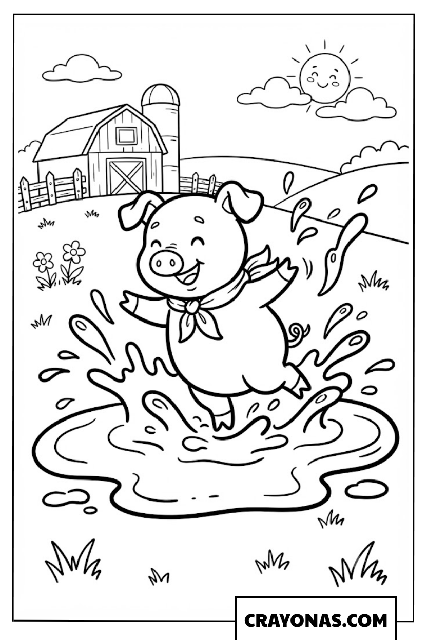 Cute Pig Playing in Mud Coloring Page