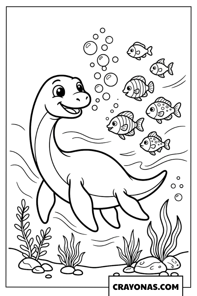 Cute Plesiosaur Swimming with Friendly Fish Coloring Page