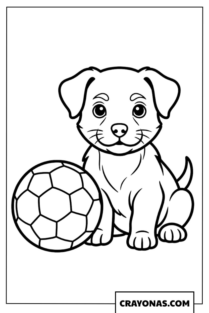 Cute Puppy Playing with Soccer Ball Coloring Page
