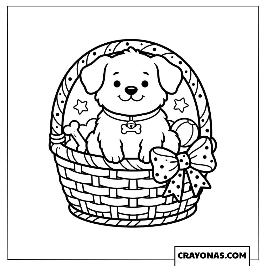 Cute Puppy in Basket Coloring Page