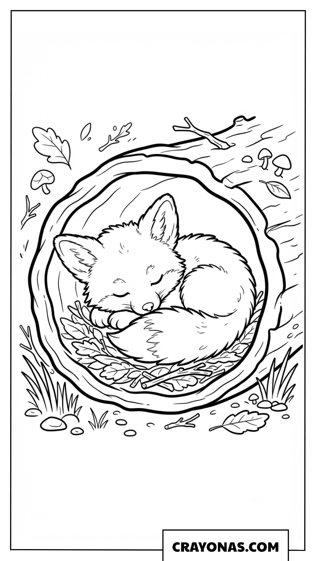 Cute Sleeping Fox in Tree Log Coloring Page