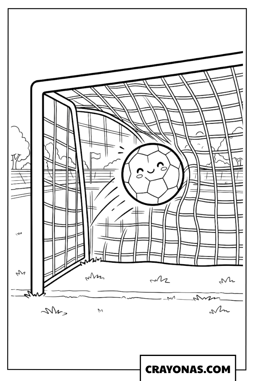 Cute Soccer Ball Scoring in Net Coloring Page
