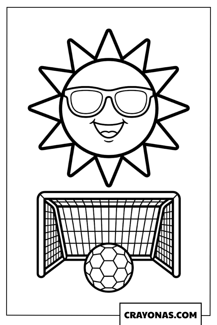 Cute Soccer Ball with Sunny Goal Coloring Page