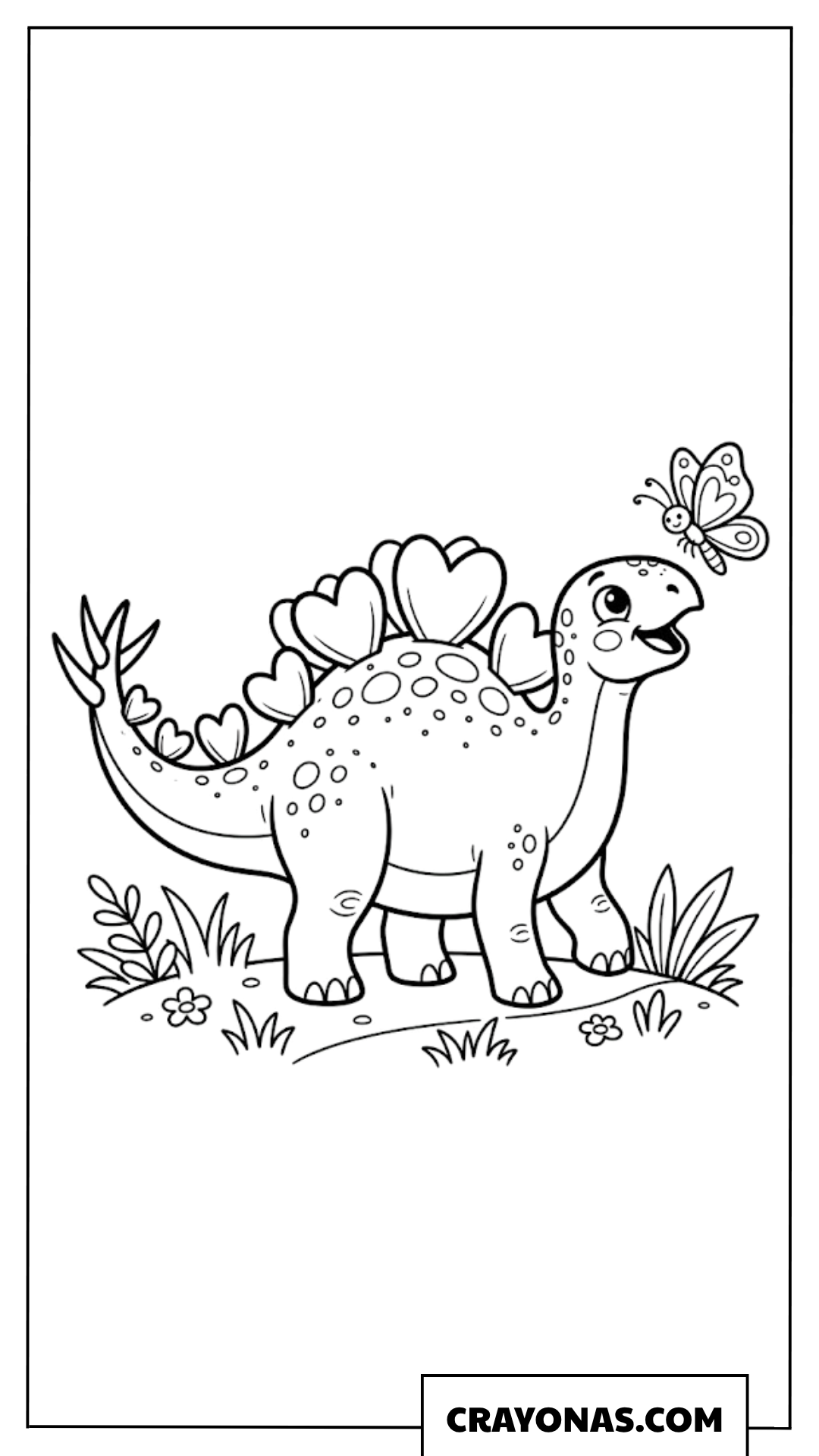Cute Stegosaurus with Heart Plates Watching a Butterfly Coloring Page