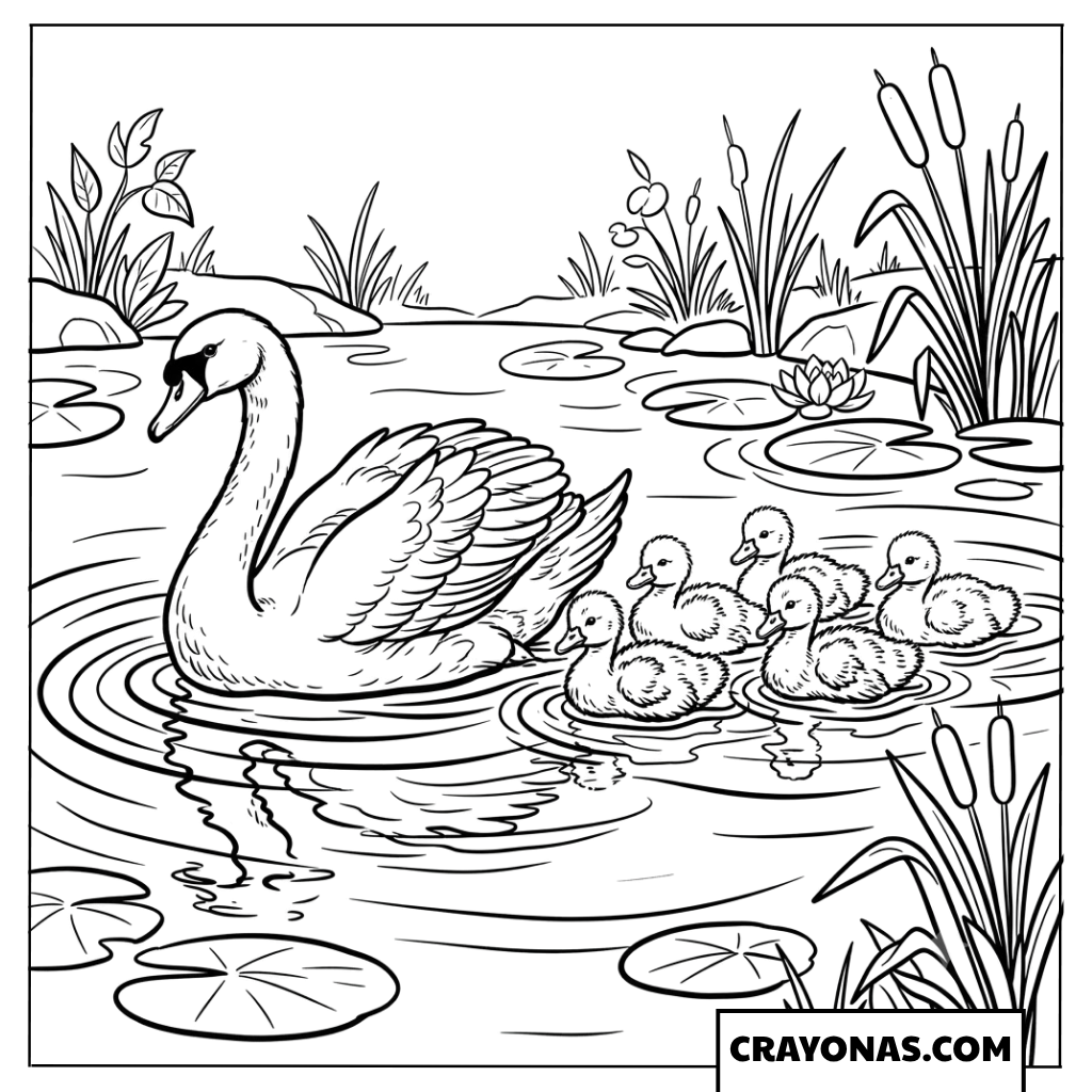Cute Swan with Cygnets Coloring Page