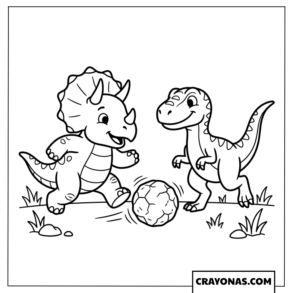 Cute Triceratops and T-Rex Playing with a Soccer Ball Coloring Page