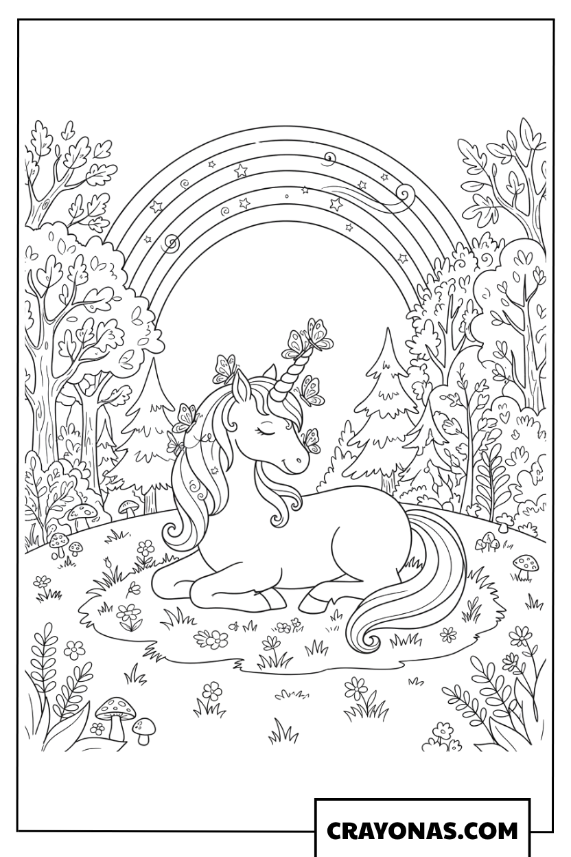 Cute Unicorn Resting in Forest Glade with Rainbow Background Coloring Page