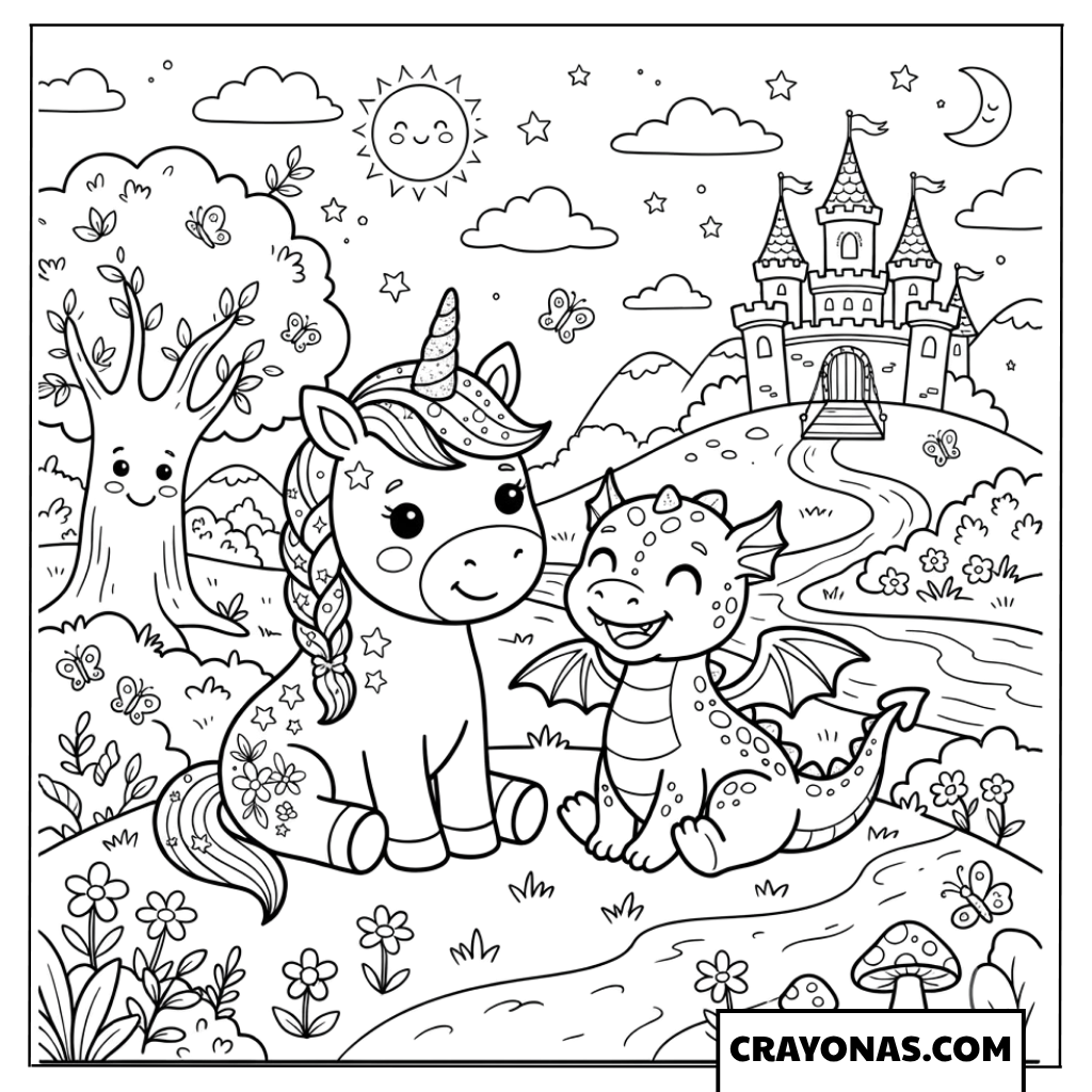 Cute Unicorn and Baby Dragon Coloring Page