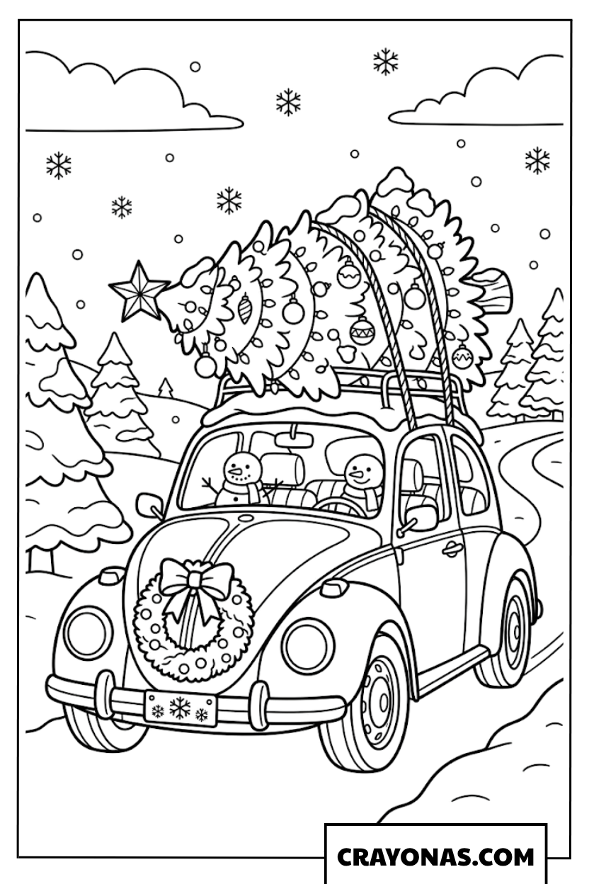 Cute VW Beetle Car Carrying a Christmas Tree Coloring Page