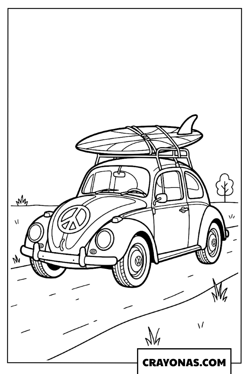 Cute Vintage Beetle Car with Surfboard Coloring Page