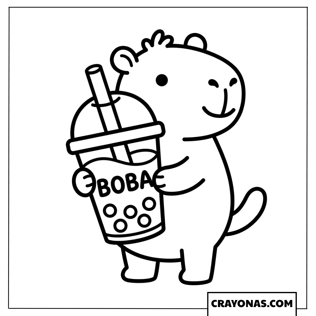 Cute Walking Capybara Holding Large Boba Coloring Page
