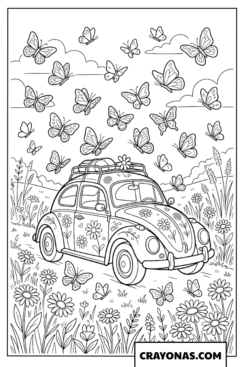 Detailed Beetle Car in Butterfly and Flower Garden Coloring Page
