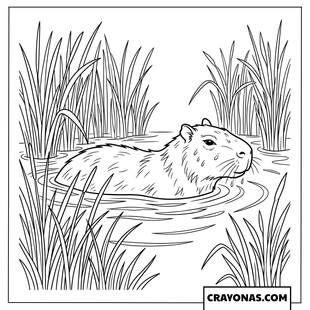 Detailed Capybara Swimming in Wetland Pond Coloring Page