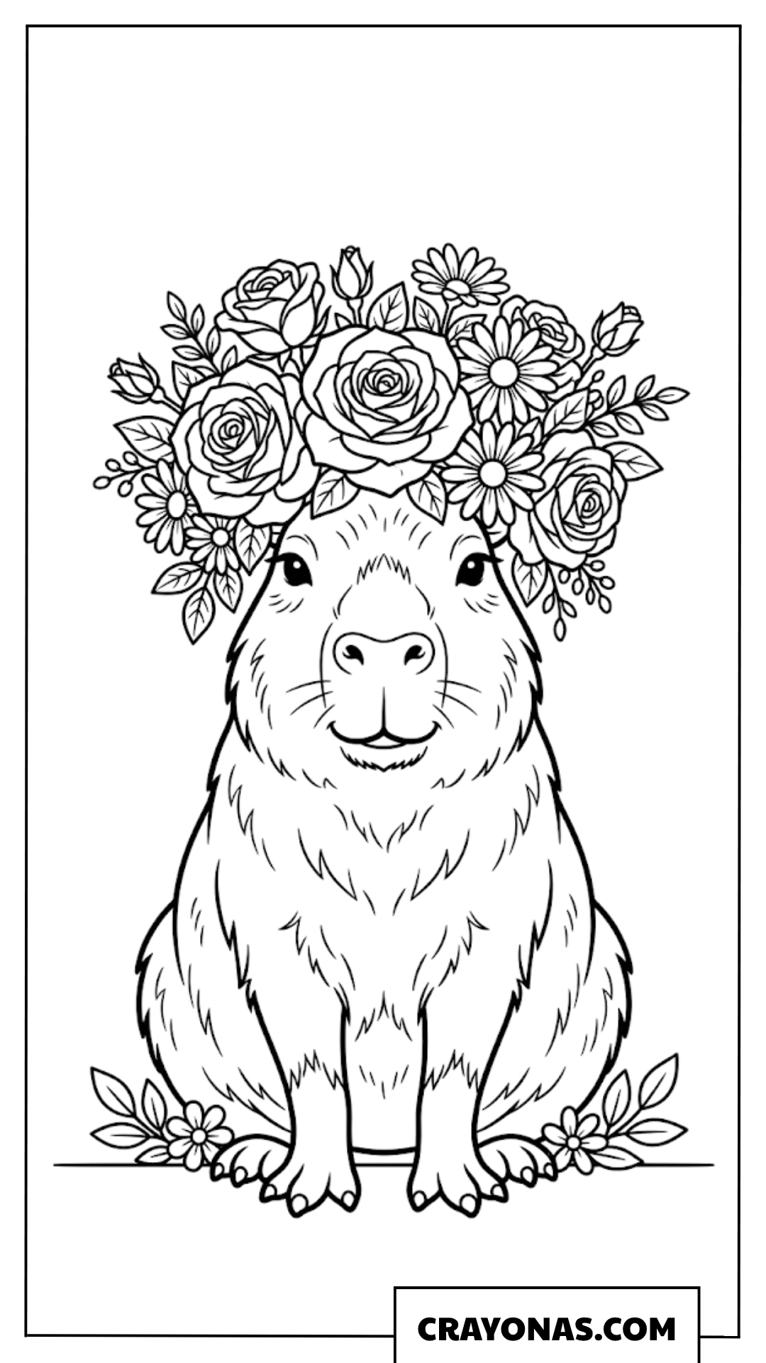 Detailed Capybara with Big Flower Crown Coloring Page