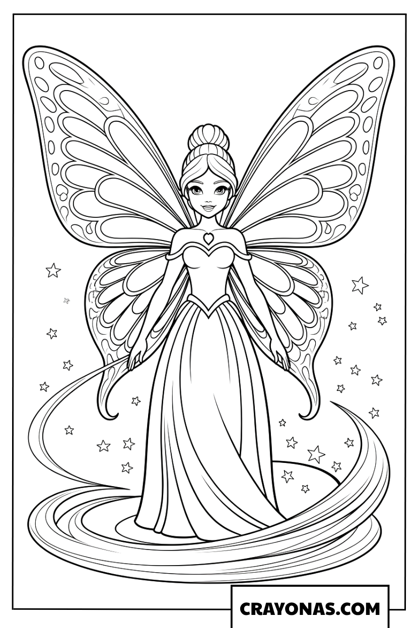 Detailed Fairy Princess with Butterfly Wings Coloring Page
