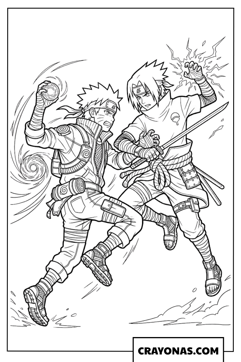 Detailed Naruto Rasengan and Sasuke Sword Strike Coloring Page
