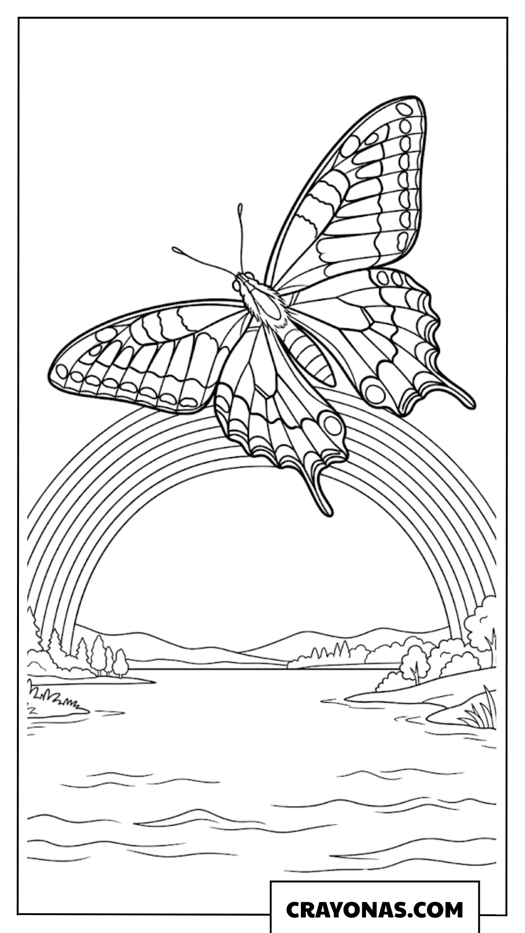 Detailed Swallowtail Butterfly Flying Over Rainbow Lake Coloring Page