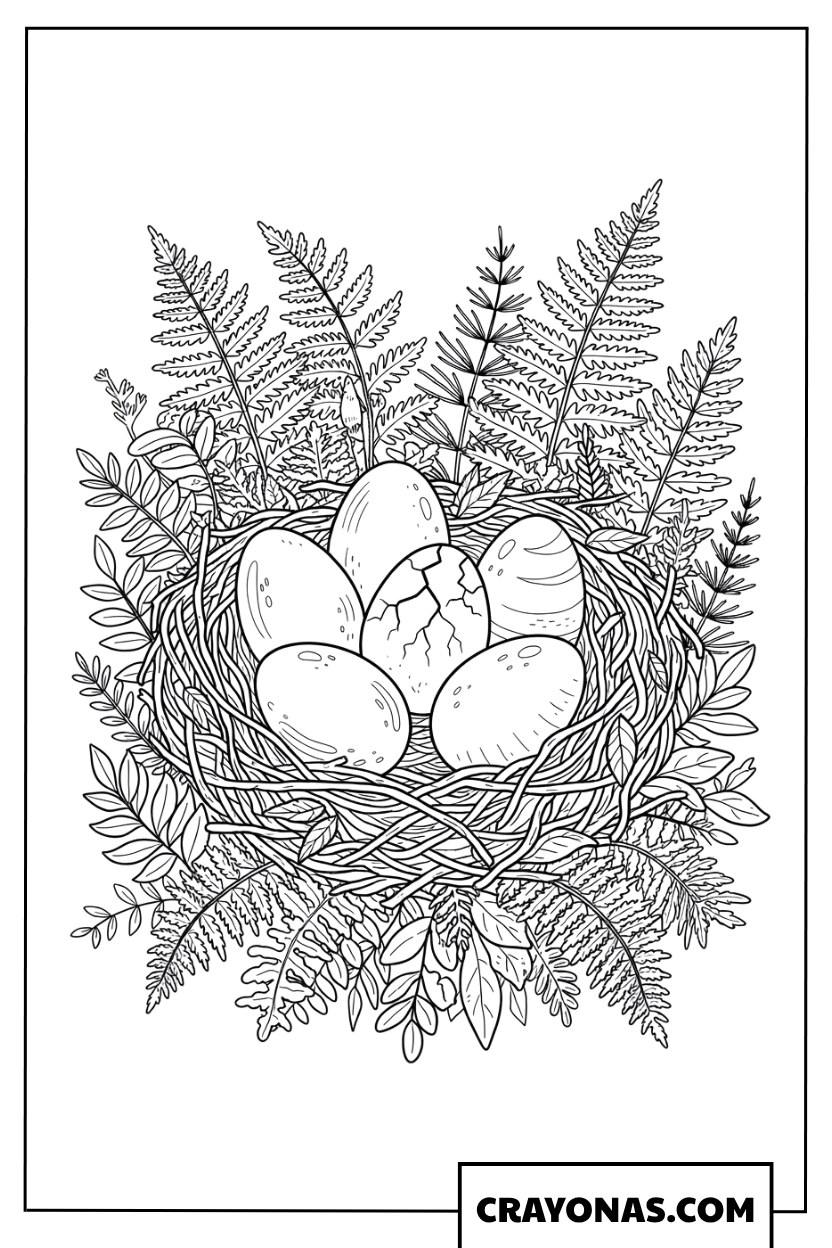 Dinosaur Eggs Nest Hidden in Wild Fern Leaves Coloring Page