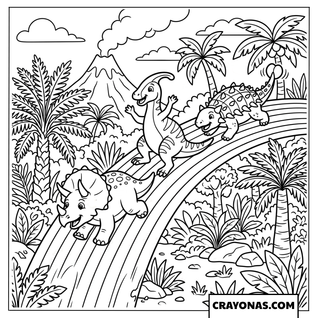 Dinosaur Friends Sliding Down a Magical Rainbow Coloring Page