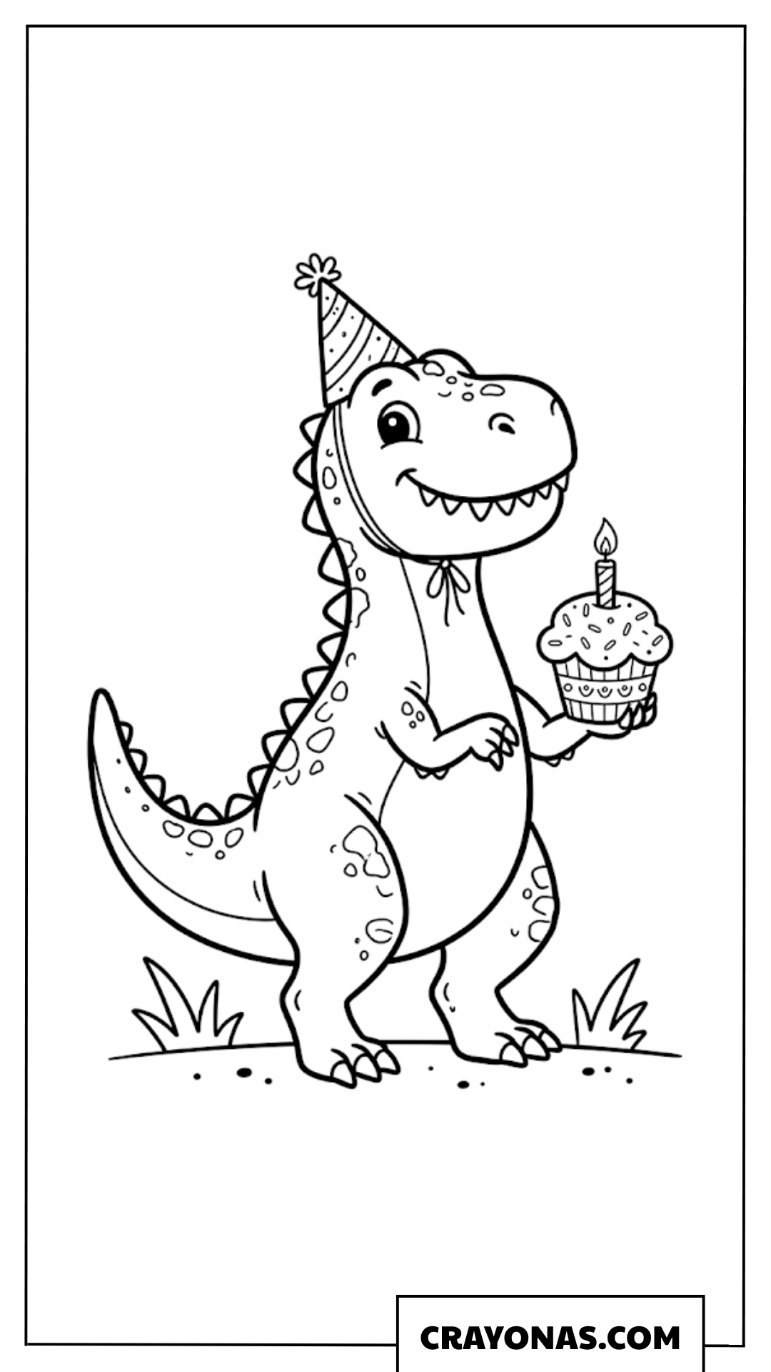 Dinosaur with Birthday Hat and Cupcake Coloring Page