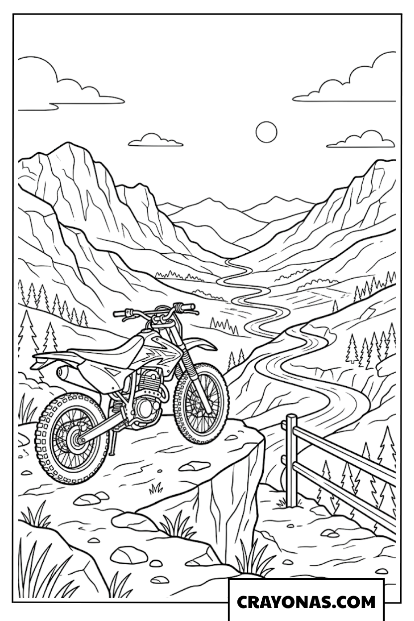 Dirt Bike Parked on Mountain Cliff View Coloring Page