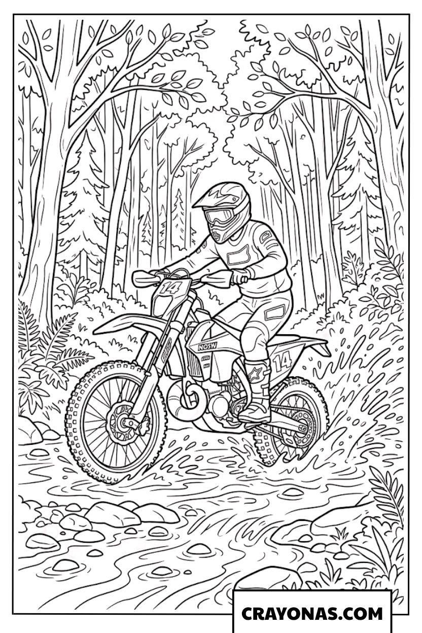 Dirt Bike Riding Through Forest River Coloring Page