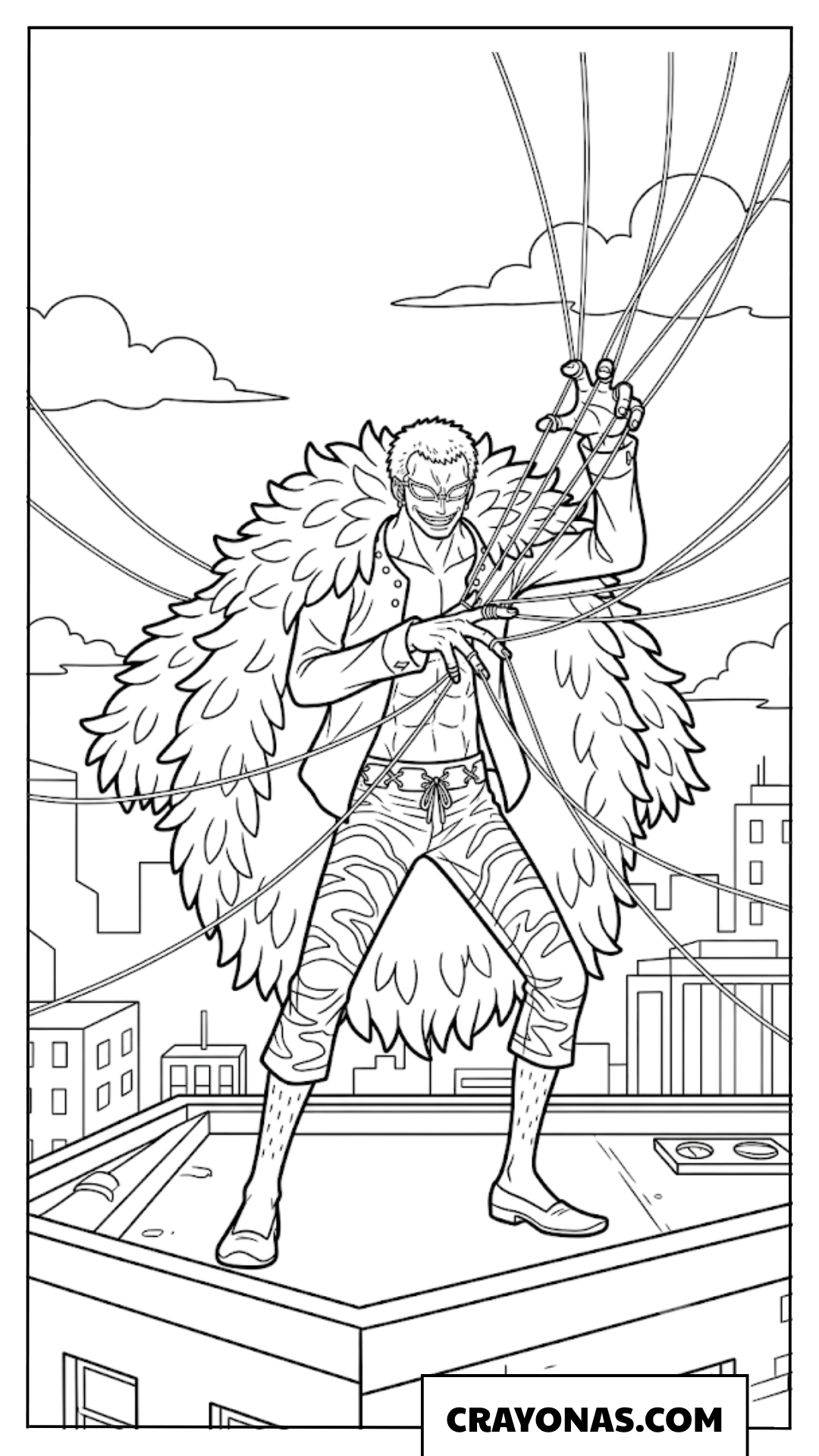 Donquixote Doflamingo Controlling Strings On Roof Coloring Page