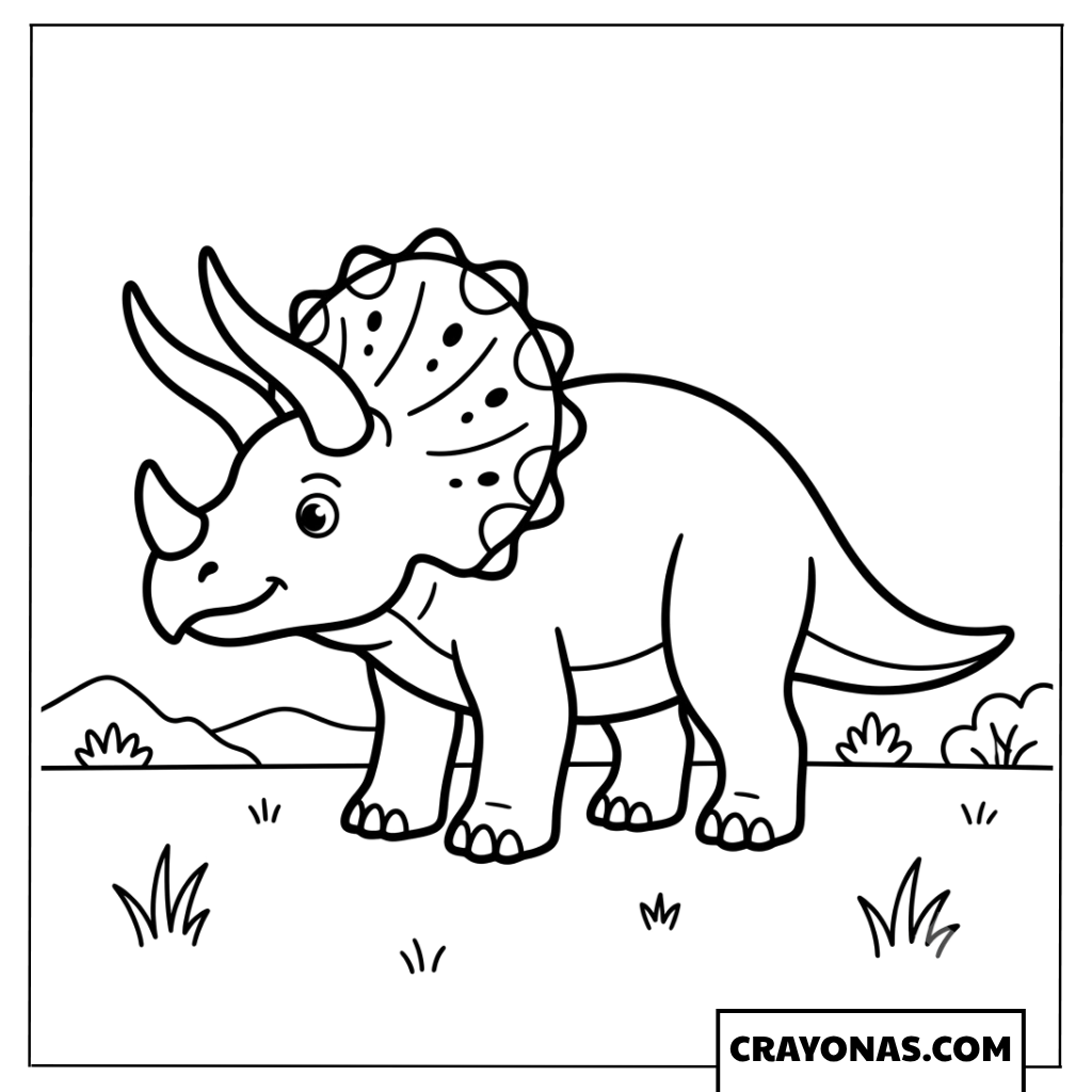 Easy Cartoon Triceratops Standing in Meadow Coloring Page