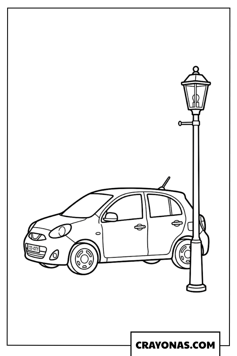Easy Compact Hatchback Car and Street Lamp Coloring Page