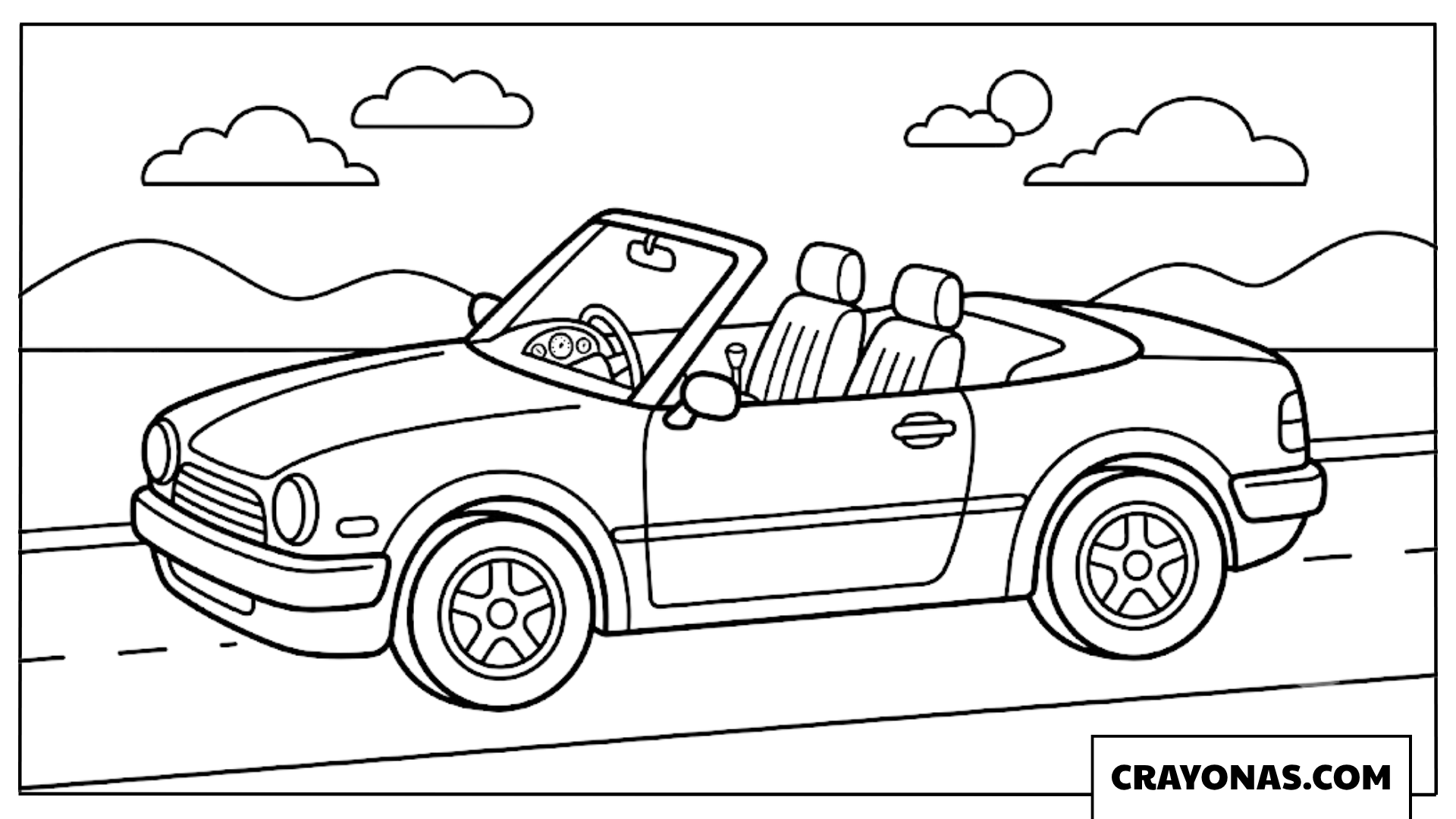 Easy Convertible Car Driving on Scenic Road Coloring Page