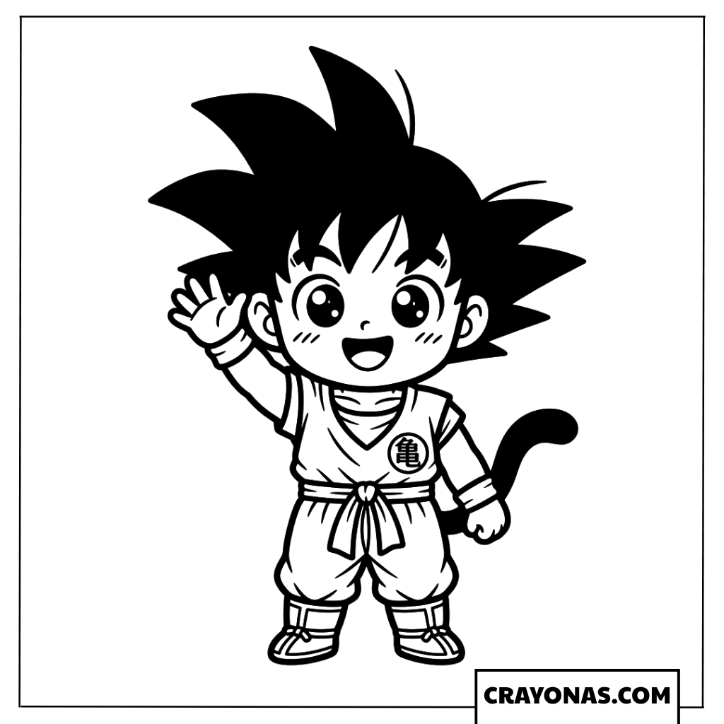 Easy Cute Chibi Goku Waving Hand Coloring Page