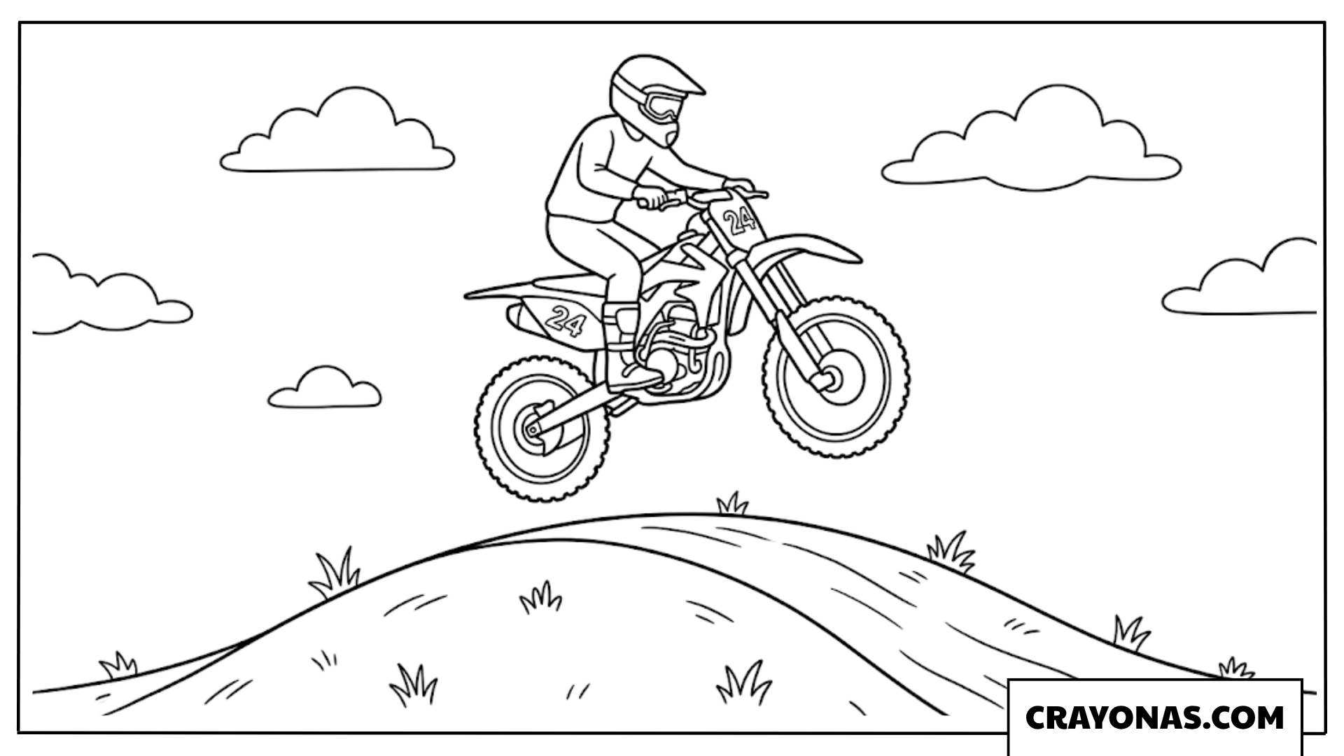 Easy Dirt Bike Rider Jumping Over Green Hills Coloring Page