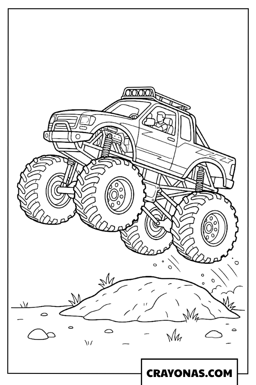 Easy Monster Truck Jumping Over Dirt Hill Coloring Page
