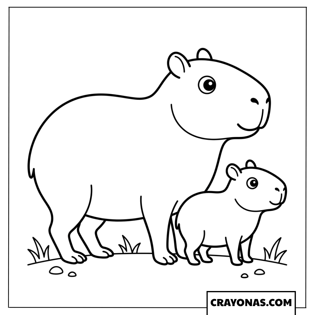 Easy Mother and Baby Capybara Outline Coloring Page