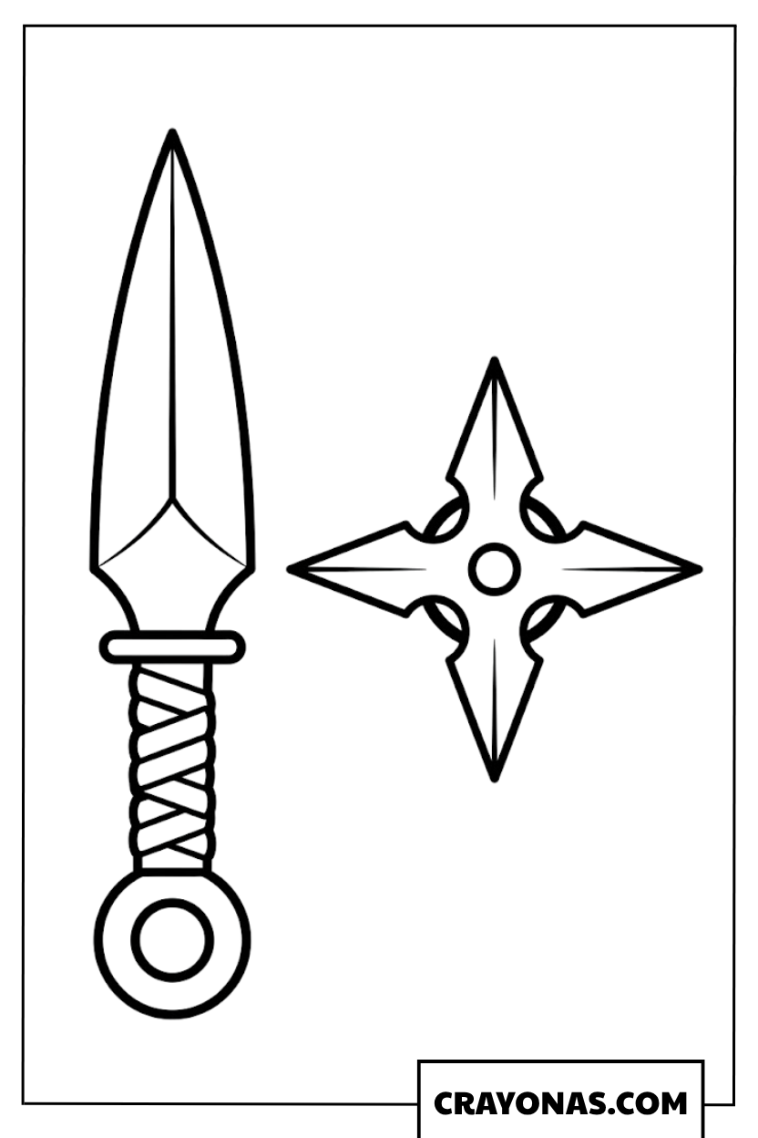 Easy Ninja Kunai Knife and Four Pointed Shuriken Coloring Page