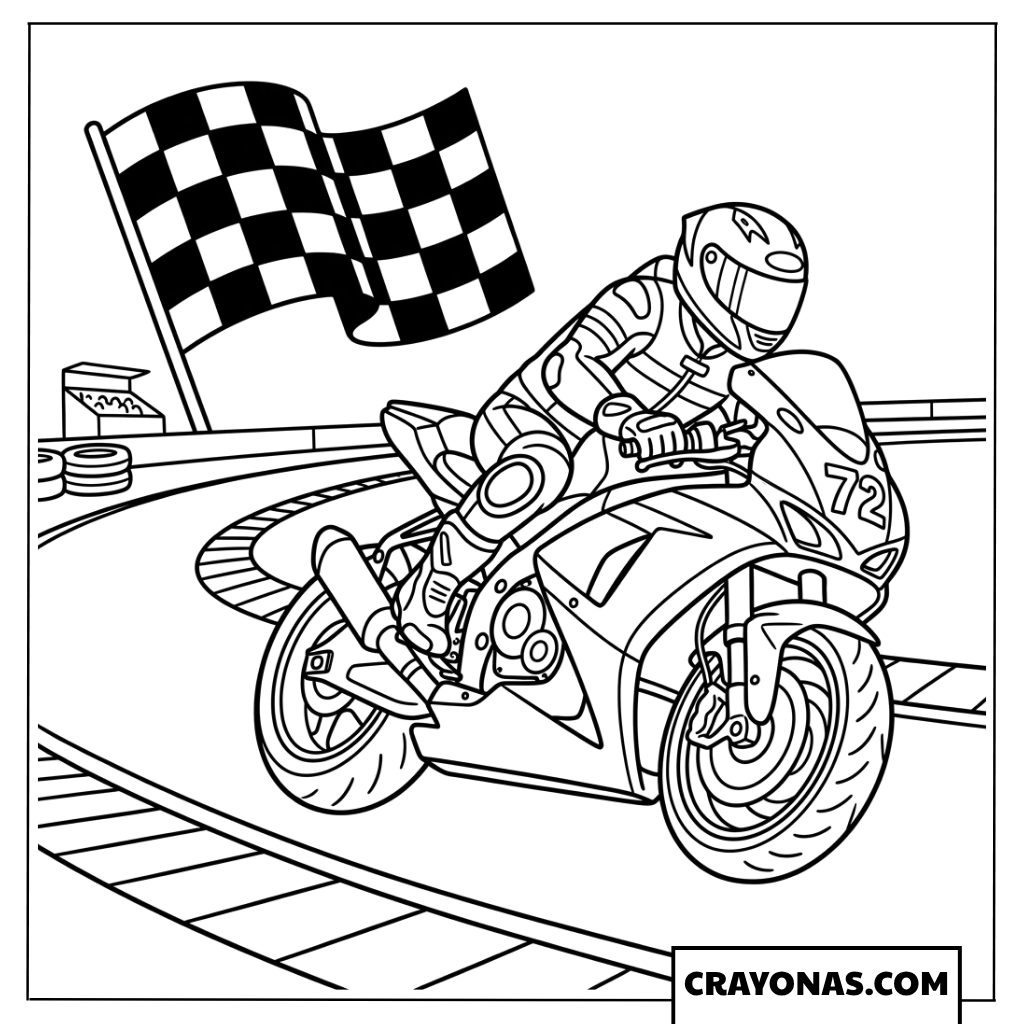 Easy Racer Crossing Finish Line with Checkered Flag Coloring Page