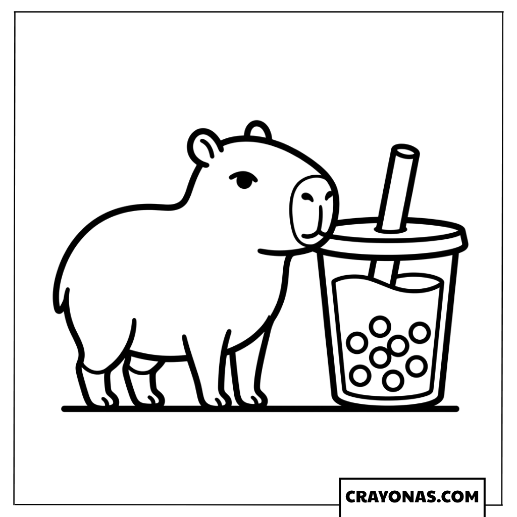 Easy Side Profile Capybara and Boba Cup Coloring Page